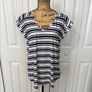 Express Navy & White Stripe V-Neck Short Sleeve Blouse